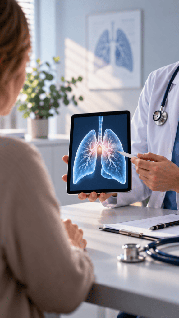 Ein Arzt zeigt einem Patienten während einer Sprechstunde in einer Arztpraxis auf einem Tablet ein digitales Bild der menschlichen Lunge und weist dabei auf einen hervorgehobenen Bereich hin.