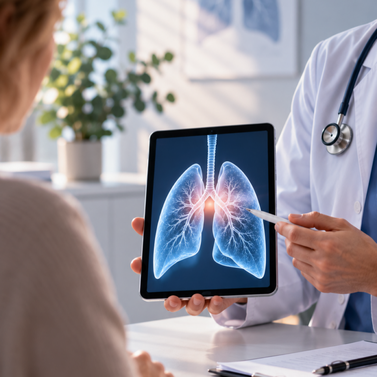 Ein Arzt zeigt einem Patienten während einer Sprechstunde in einer Arztpraxis auf einem Tablet ein digitales Bild der menschlichen Lunge und weist dabei auf einen hervorgehobenen Bereich hin.